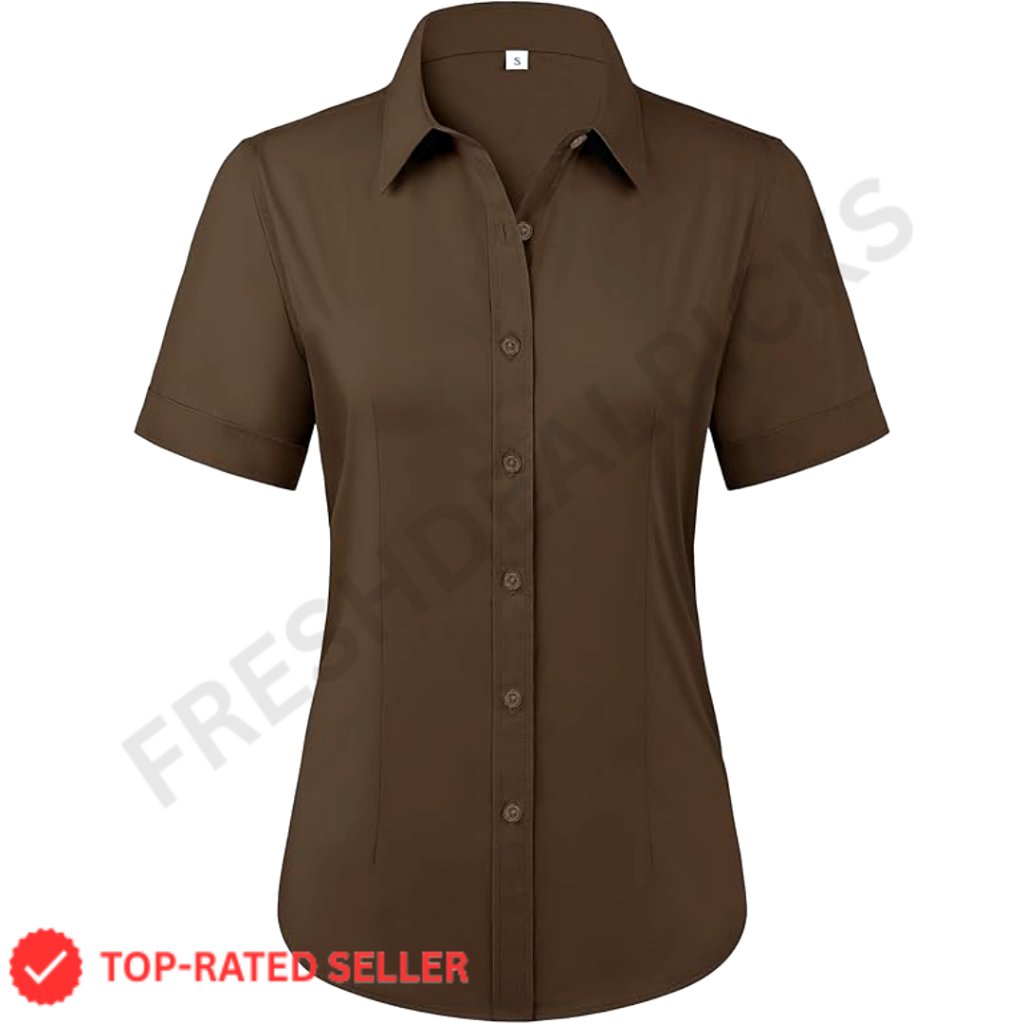 Wrinkle Free Button Down Blouse Short Sleeve Stain Resistant Chic Workwear